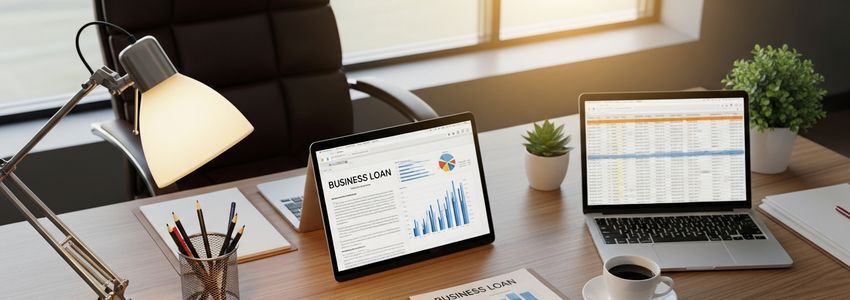Business owner reviewing loan documents and financial statements for pre-approval