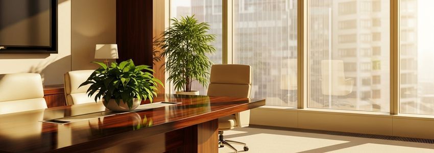Modern business office conference room with wooden desk and city view, representing professional lender relationships