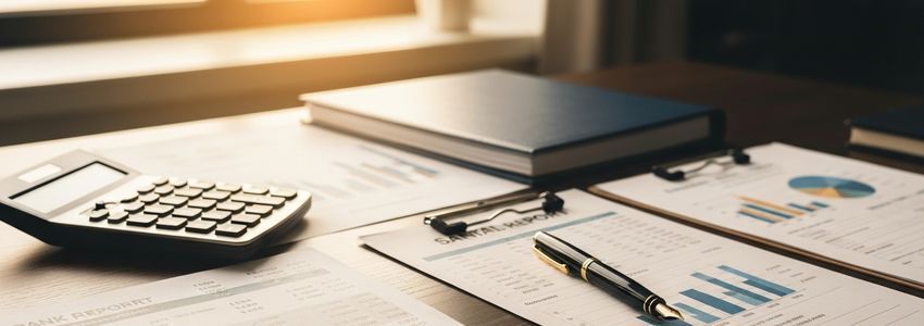 Business financial documents including bank statements and loan application materials on an office desk, representing what lenders evaluate when reviewing business loan applications