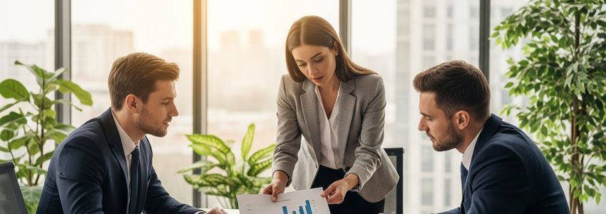 Business professionals reviewing financial data in a modern conference room