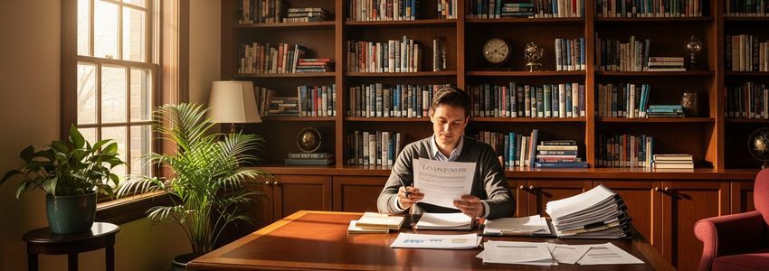 Library business owner reviewing financing documents at a desk in a modern library setting