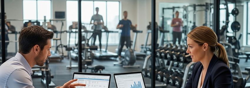 Fitness business owner reviewing equipment financing options with a financial advisor at a modern gym facility