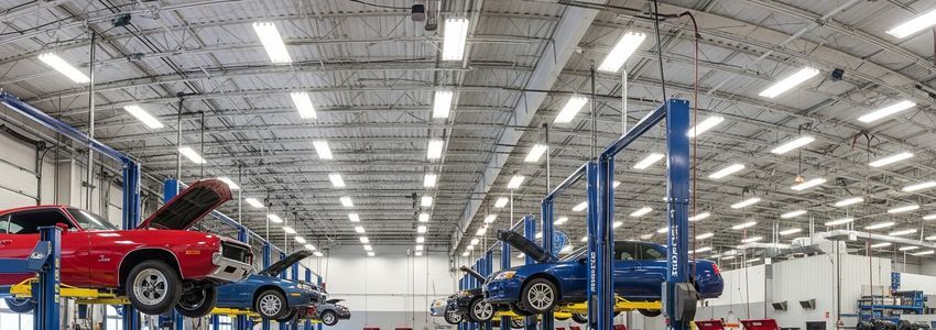 Professional auto repair shop with multiple hydraulic lift racks elevating vehicles for service