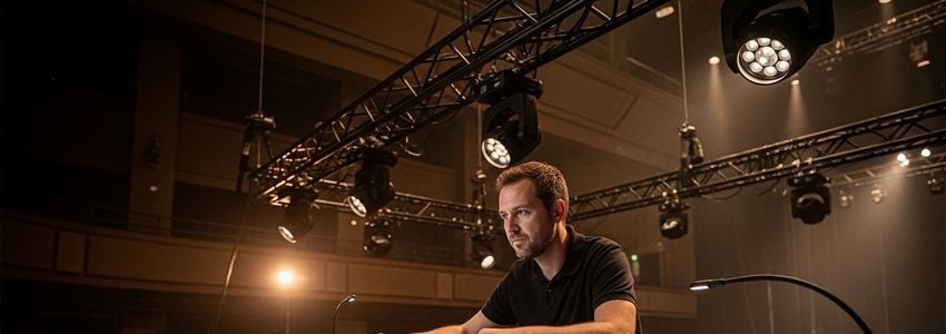 Professional AV technician at a digital mixing console in an entertainment venue with LED stage lighting