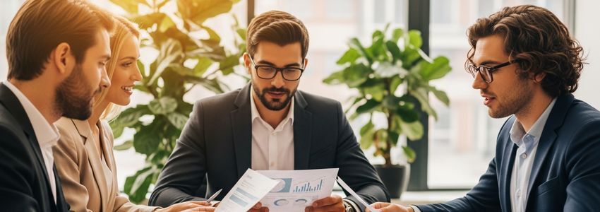 Business professionals reviewing growth strategy and line of credit documents in a modern office
