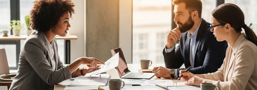 Business professionals from multiple industries reviewing line of credit documents at a conference table