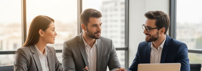 Business owner and financial advisor reviewing line of credit refinancing options at a conference table
