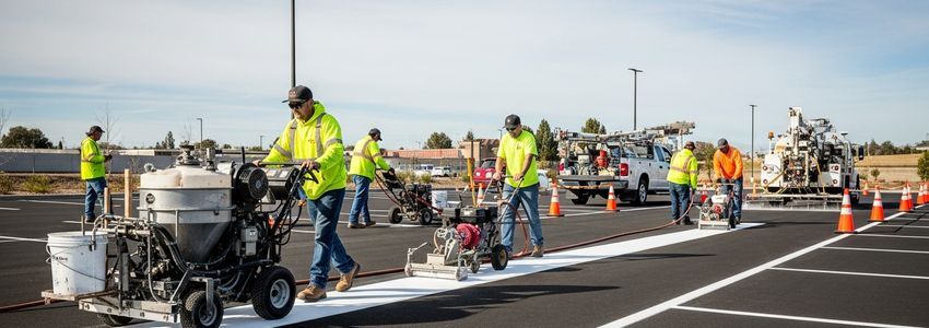 Line striping crew operating commercial road marking equipment on a parking lot job site