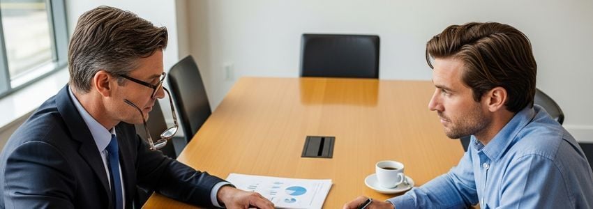 A financial advisor and business owner reviewing liquidity ratios and loan documents together