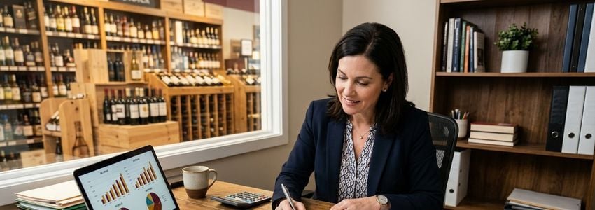 Liquor store business owner reviewing loan documents and financial charts at an office desk inside a retail store