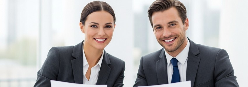 Two business partners reviewing Little Caesars franchise loan documents at a professional office desk with laptop open, warm natural light
