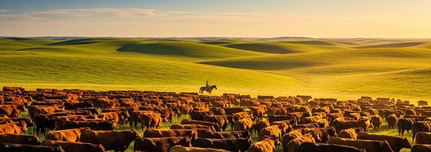 Rancher on horseback herding cattle across open pasture land