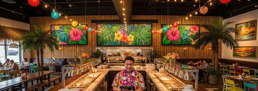 L&L Hawaiian Barbecue franchise owner reviewing business documents at the restaurant counter