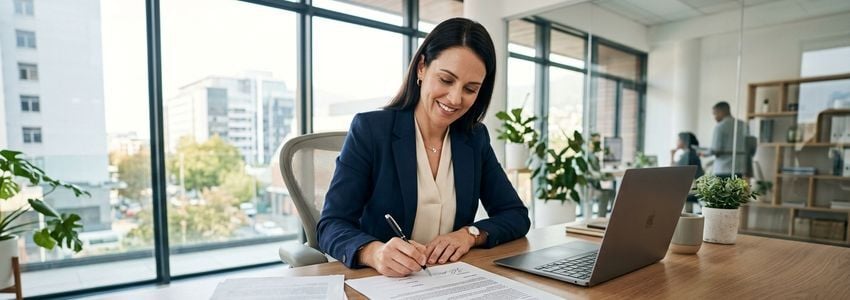 LLC business owner reviewing loan agreement in modern office