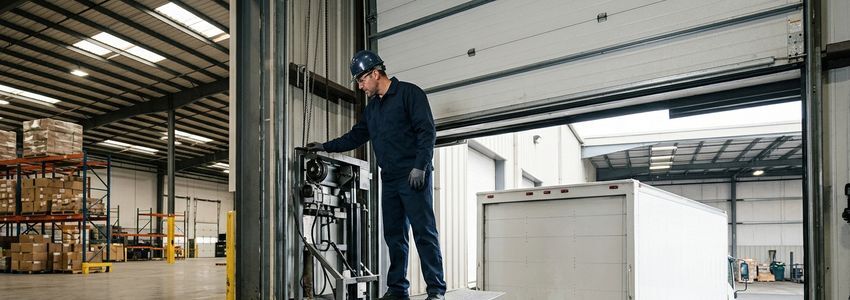 Warehouse technician inspecting an overhead loading dock door and hydraulic leveler for repair