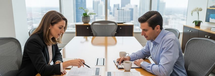 Financial advisor explaining loan amortization schedule to business owner