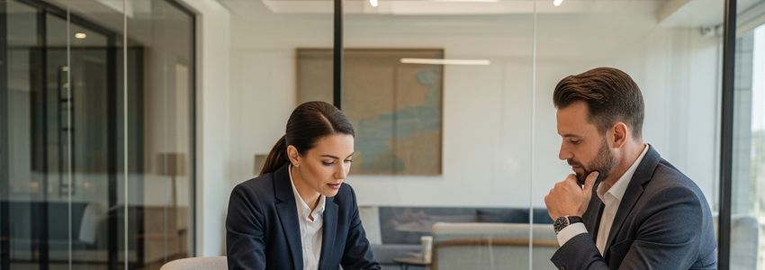 Business lender and small business owner reviewing loan application documents together in a modern office conference room