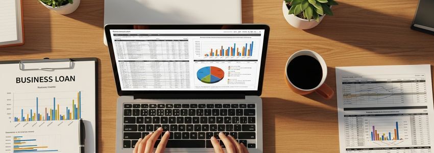Business owner and loan advisor reviewing financial documents for a business loan application