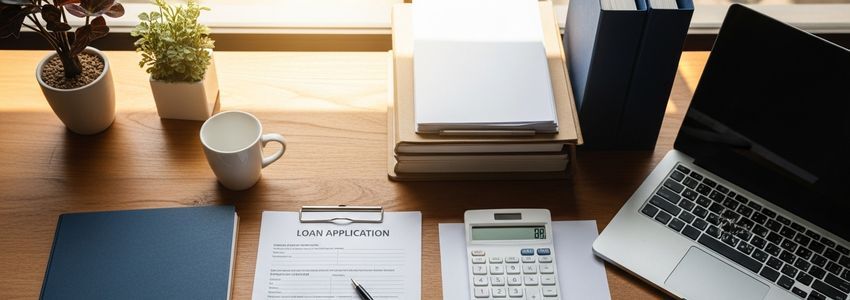 Business owner reviewing loan application documents at an office desk
