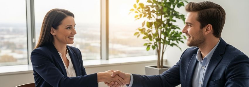 Business advisor and small business owner reviewing loan documents in a professional office setting