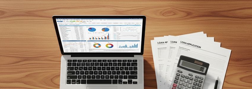 Business owner and financial advisor reviewing loan documents and closing costs at a conference table