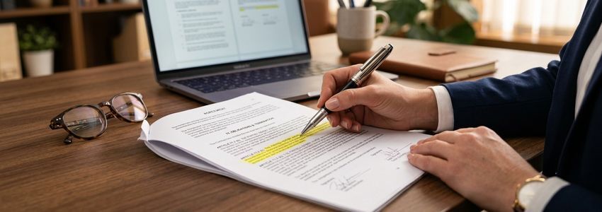 Business professional reviewing loan contract terms and highlighting key clauses