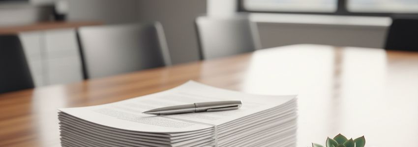 Stack of financial documents and pen on a conference room table representing loan covenant agreements
