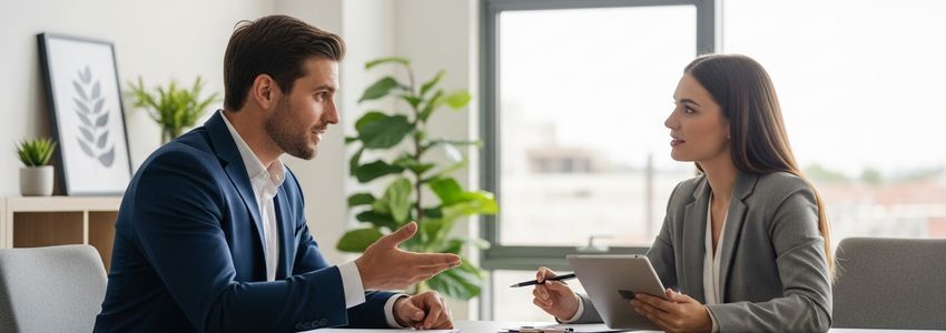 Business owner and financial advisor reviewing financing options after loan application was declined