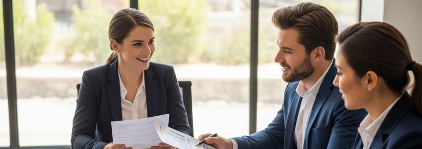 Business owner reviewing loan documents and credit reports with financial advisor