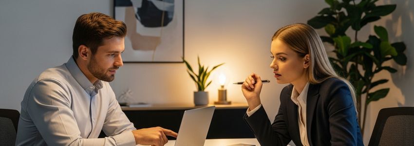 Business professional reviewing loan recovery options with a financial advisor