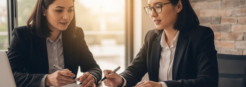 Business owner reviewing loan application documents with financial advisor