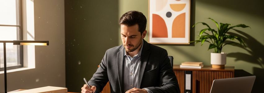 Business owner carefully reviewing loan documents with a lender at a modern office desk