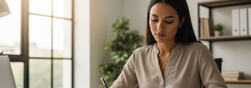 Small business owner reviewing loan documents at office desk