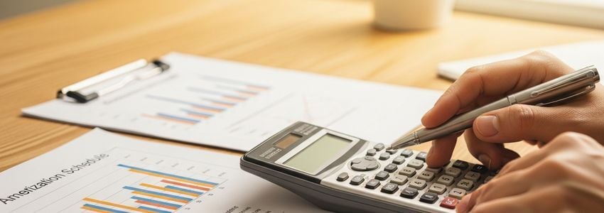 Business professional reviewing amortization schedule and loan payment calculations with a calculator