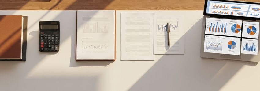 Business professionals reviewing financial documents and loan payment projections in a modern office