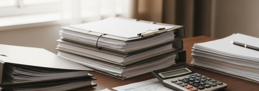 Business loan application documents and financial paperwork organized on a professional desk