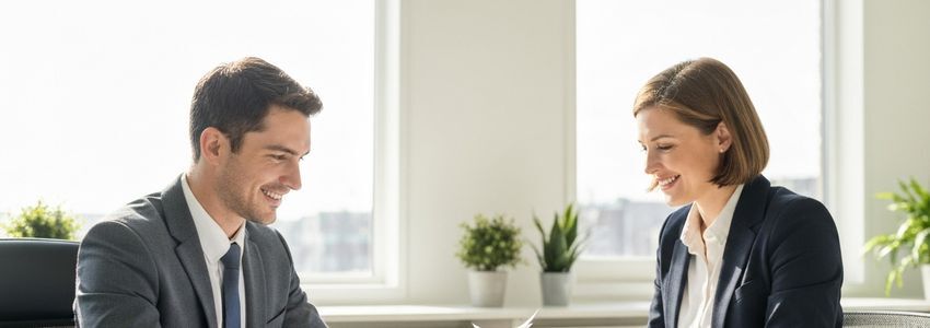 Business professional and lender reviewing loan documents together