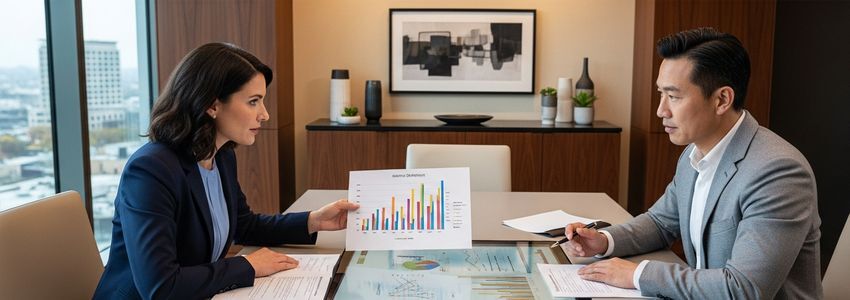Financial advisor explaining business loan interest rates to a small business owner