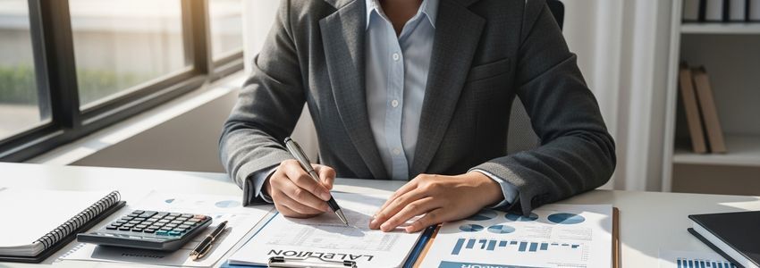 Business owner preparing a detailed loan request with documents and financial statements