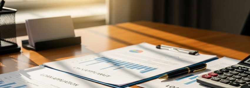 Business owner reviewing financial documents and loan risk factors with a lender at a professional office meeting
