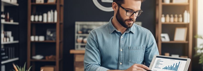 Small business owner reviewing financial documents and loan factors with a tablet showing business analytics