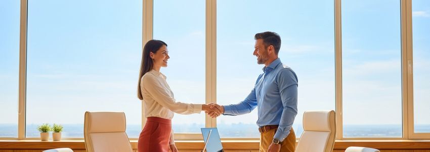Business professionals reviewing small business loan terms in a modern office setting