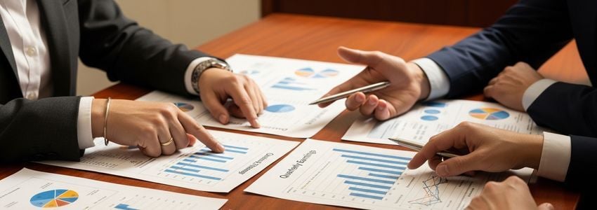 Business professionals reviewing loan and line of credit documents at a conference table