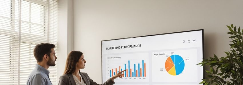 Business professionals reviewing advertising campaign analytics and marketing budget allocation on digital displays