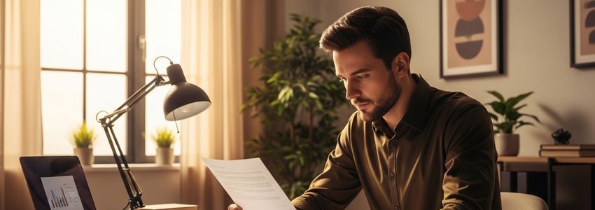 Business owner reviewing financial documents and loan agreement at desk
