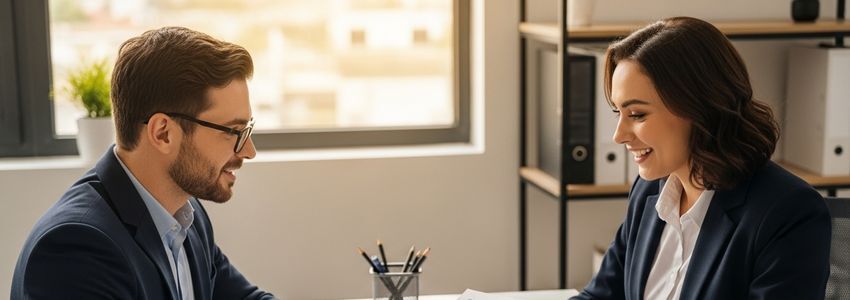 Business owner and financial advisor reviewing a business line of credit agreement in a professional office setting