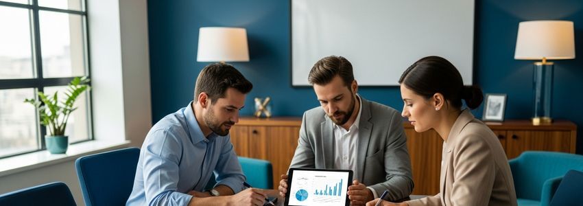 Business professionals reviewing cash flow and line of credit documents in a modern office setting