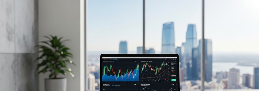 Business owner reviewing financial dashboard on laptop in modern office