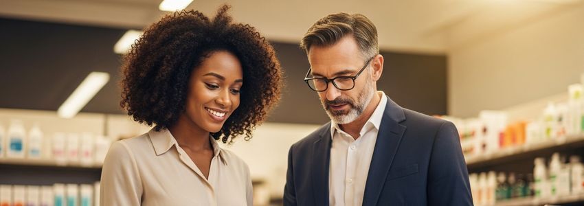 Business owner reviewing inventory and financing options with an advisor in a retail store