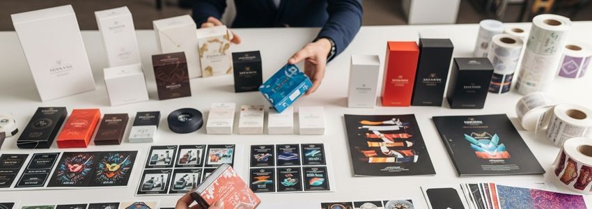 Business owner reviewing packaging design samples with a team in a modern office setting